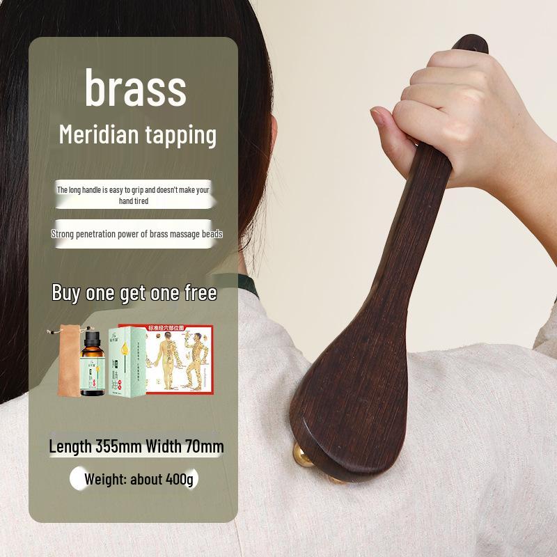 Brass Meridian Massage Hammer - Wooden Back, Shoulder & Neck Patting Tool for Health