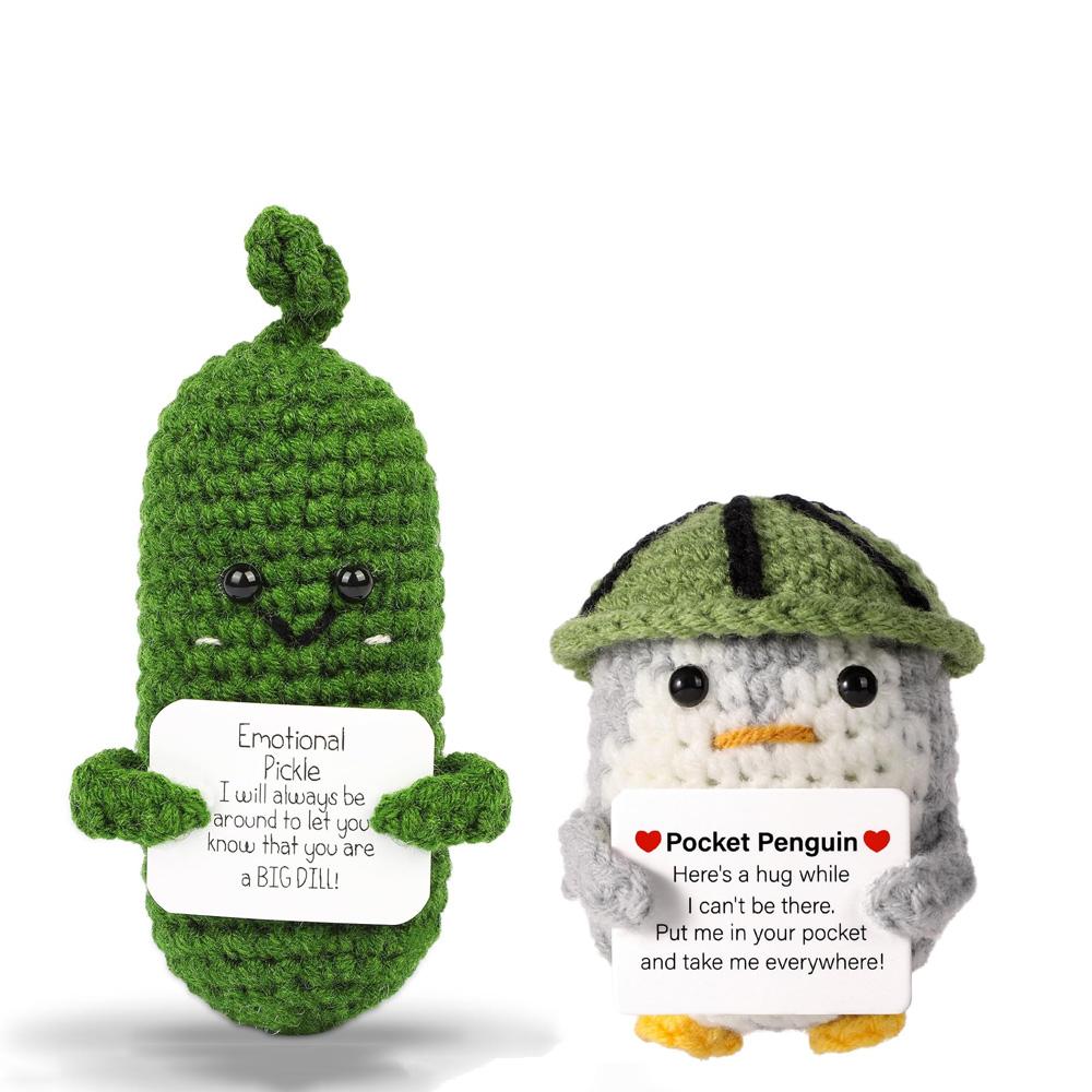 Handmade Emotional Support Pickle Crochet Funny Sour Cucumber Knitted Pickle with Positive Card Cheer up Gift Crochet Home Decor
