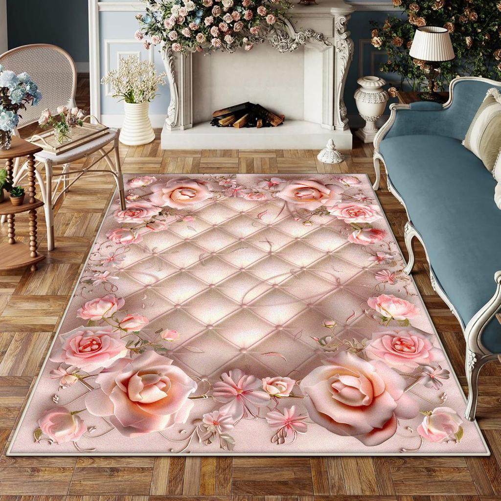 Europäischer Stil Rutschfest Großer Wohnzimmerteppich Blumendesign Raumdekoration Ästhetischer Schlafzimmerteppich Schminktischmatte Waschbar
