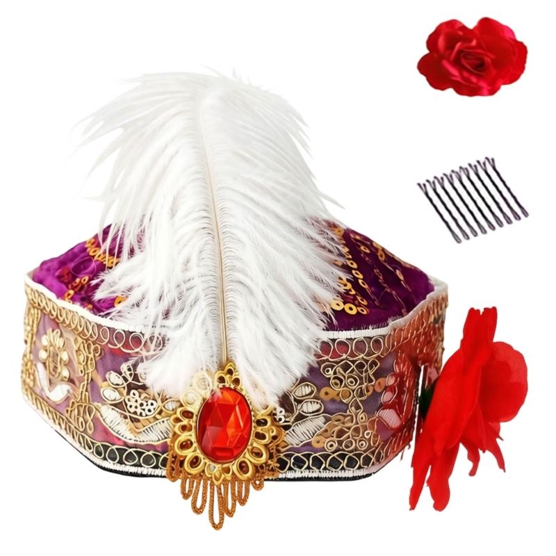 Elegant Ethnic Dance Event Hat With Feathered And Sequins For Women Stage Performances Folk Dance Costume Accessories