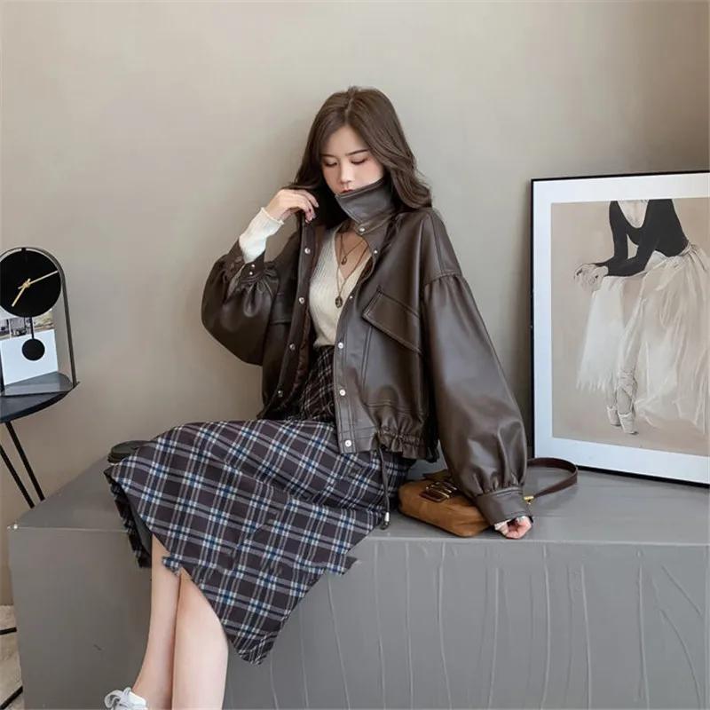 Jesienno-zimowa kurtka ze sztucznej skóry damska Oversize PU Płaszcz Luźny Casual Streetwear Kobieta Kardigan