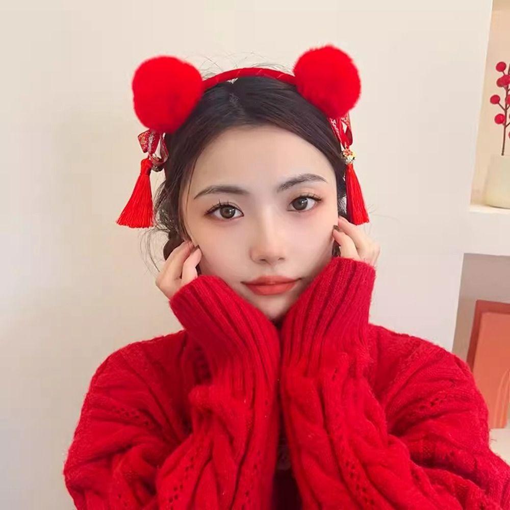 

Red Hairband New Year Hair Band Tassel Chinese Style Headdress Cute Red Bow Headband Men B