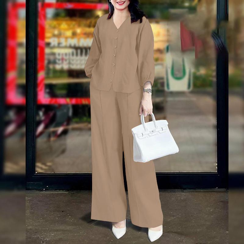 

ZANZEA Женская блузка с рукавом 3/4 и брюки повседневные комплекты из двух предметов 2XL хаки