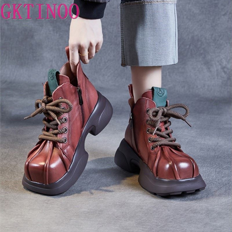 Fashion GKTINOO Retro Thick Heeled Thick Soled Short Boots 2025 Winter New Genuine Leather Round Toe Comfortable Women Platform Shoes