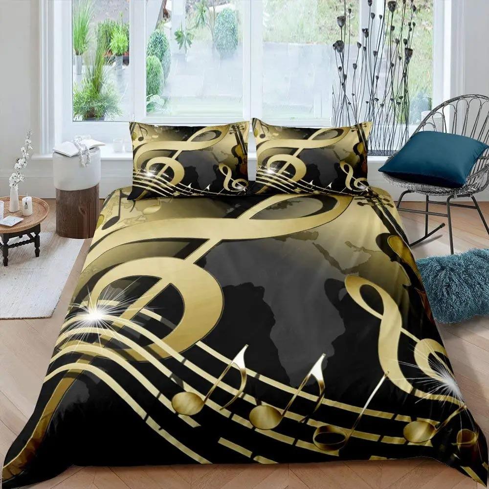 

Комплект постельного белья с музыкальными нотами размера Queen, фиолетовый, с музыкальной тематикой, золотой, блестящий узор, покрывало для детей, девочек и взрослых 70x133cm 2pcs