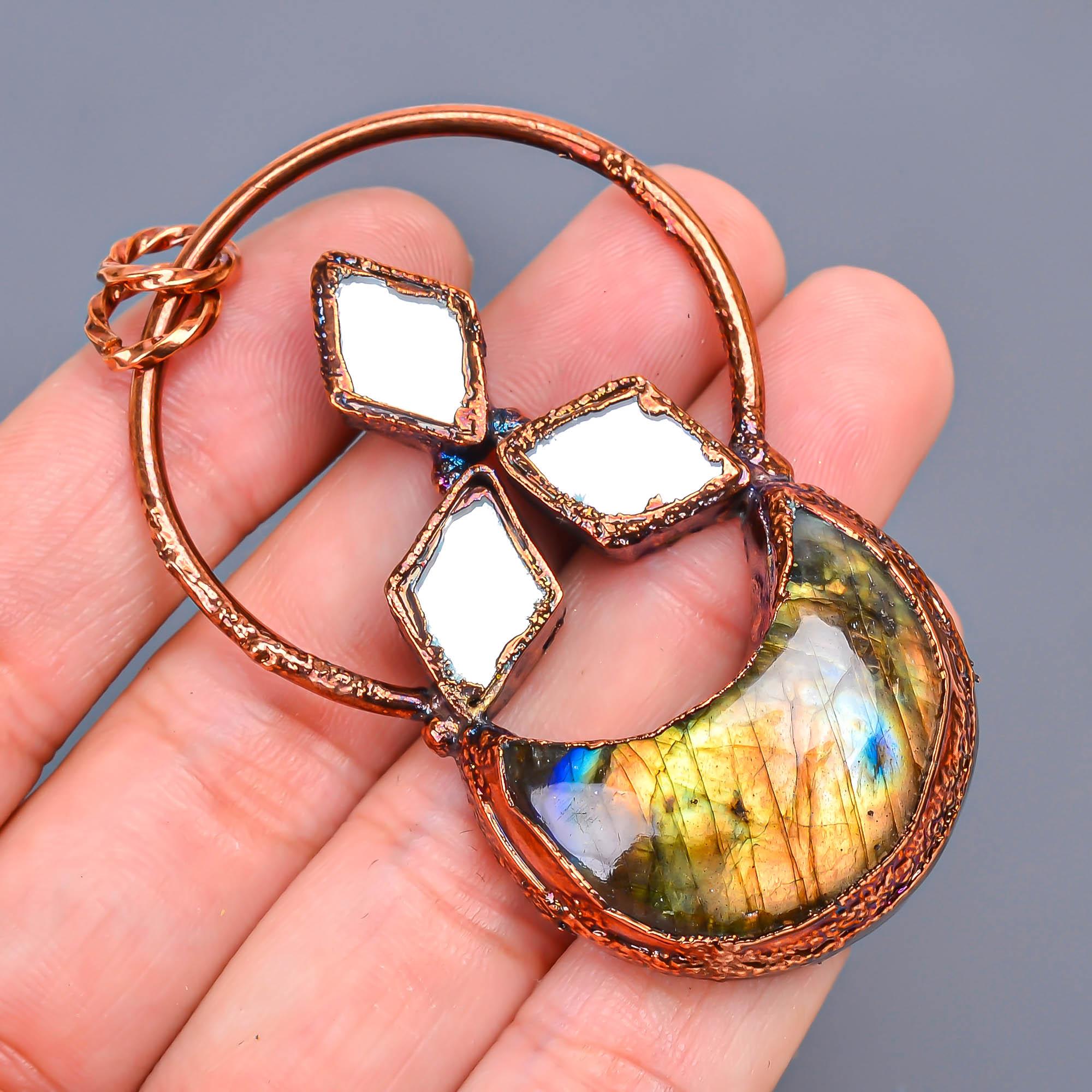

Electroformed Labradorite Crescent Moon Pendant, Handmade Electroplated Pendant, Gold Filled Pendant, Mirror Work ElectroMirror Pendant Gift