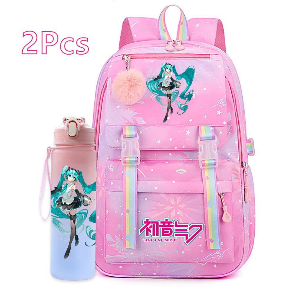 2 st/set Söt Hatsune Miku-tryckt Ryggsäck med 750 ml Vattenflaska för Tonårsflicka Pojke Skolväska Stor Kapacitet Vattentät Resväska Gåva