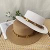 French Retro Flat Top Straw Hat Letter Belt Summer Women's Fashion British Hepburn Vacation Beach Sun Hat Men