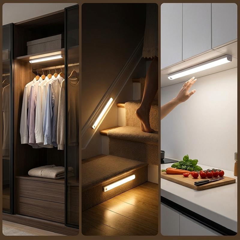 Motion Sensor LED Cabinet Light Bar Magnetic Under Cupboard Kitchen Lighting USB Rechargeable Night Light