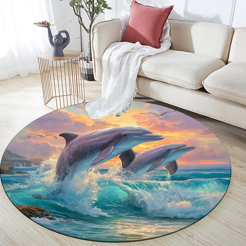 Dolphins Round Area Rug,Carpet Rug for Living Room Bedroom Sofa Playroom Decor,Non-slip Floor Mat