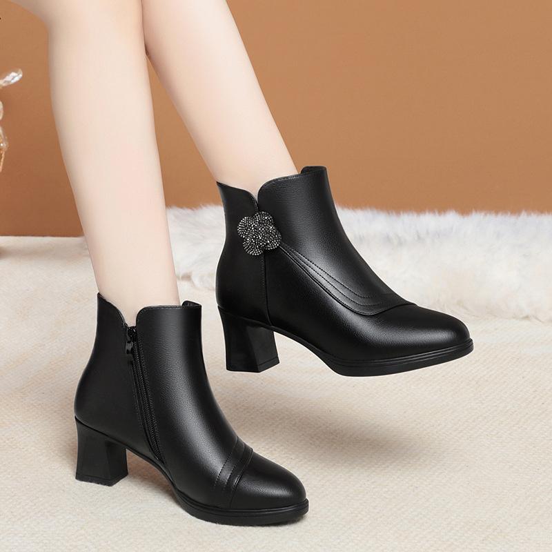 Pantofi de Bumbac pentru Femei, Călduroși, de Catifea, la Modă, Botine Scurte, cu Vârf Ascuțit, Toc Pătrat, Tocuri Înalte, Noi, cu Fermoar, Confortabili, Pantofi de Gleznă