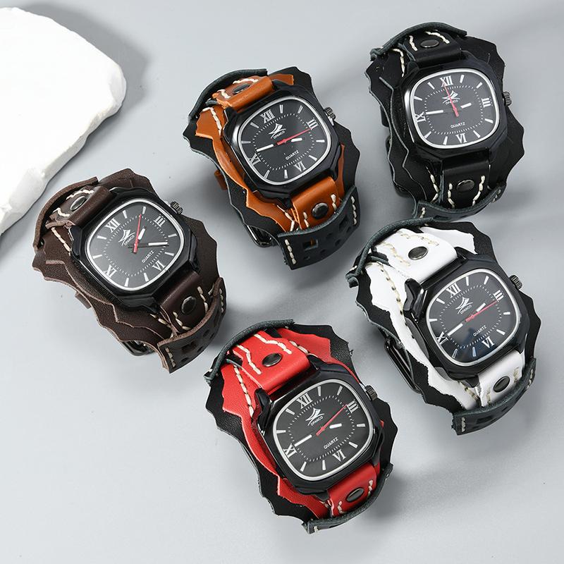 Punk Rock Style Men'S Quartz Watch - Hand-Stitched With Triple-Layer Leather Strap
