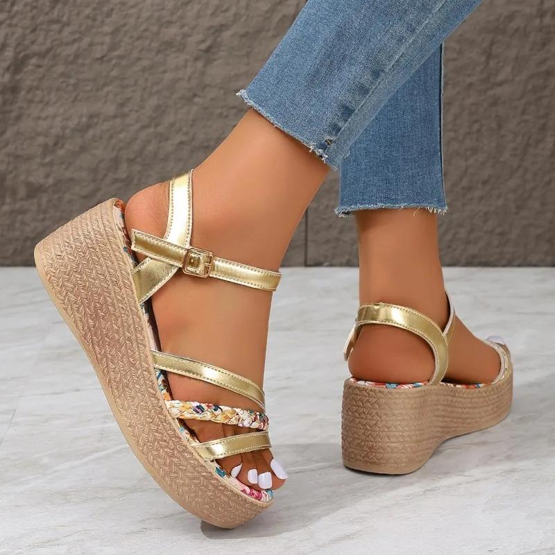 Fashion 2024 Hot Sale Shoes for Women Ankle Strap Women's Sandals Summer Rome Open Toe Solid Outdoor Casual Beach Platform Sandals