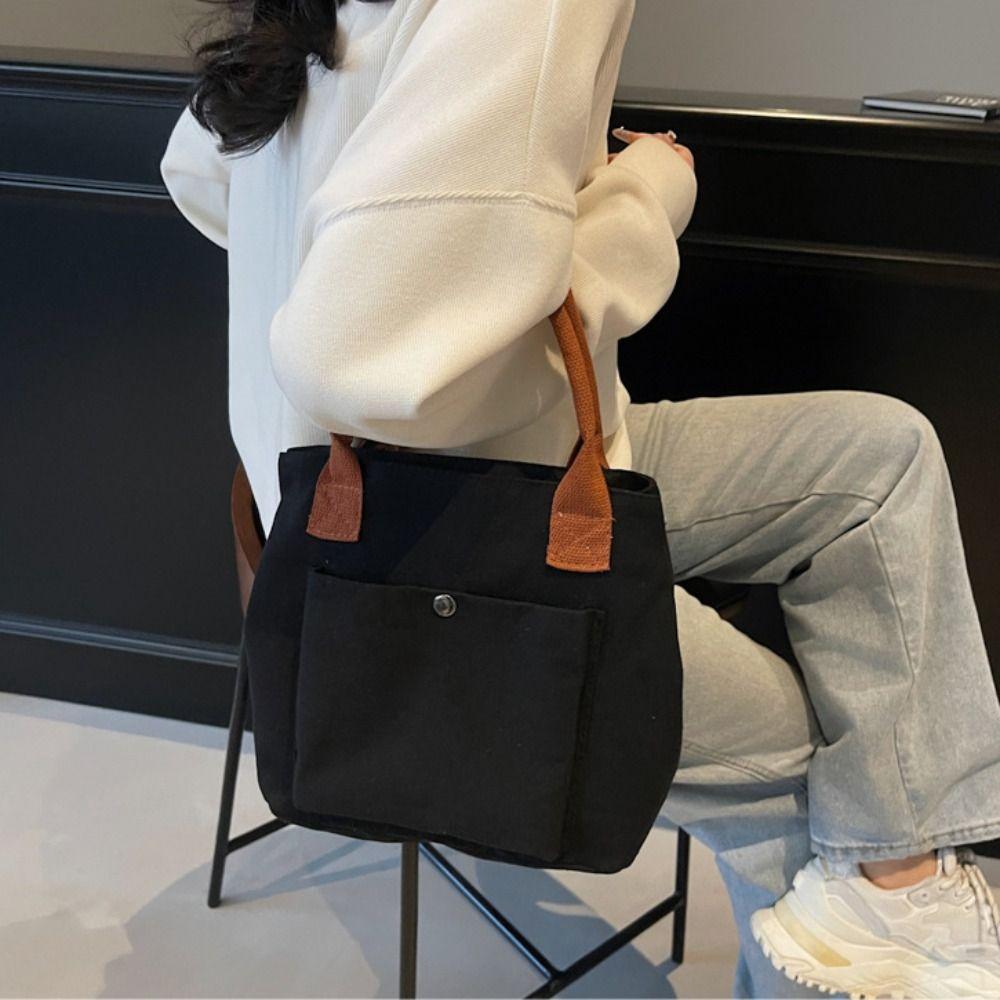 Solid Color Canvas Shoulder Bag Multiple Pockets Women Handbag Casual Oxford Tote Bag  Outdoor