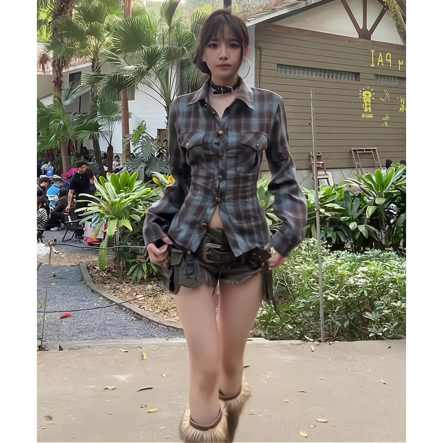 

Блузка с длинным рукавом Холтер Клетчатая рубашка M синий