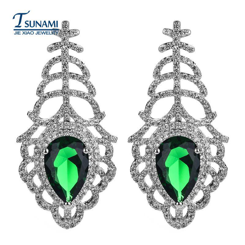 

S925 Silver Needle Anti-Allergy Zircon Leaf Earrings - European & American Fashion зелёный