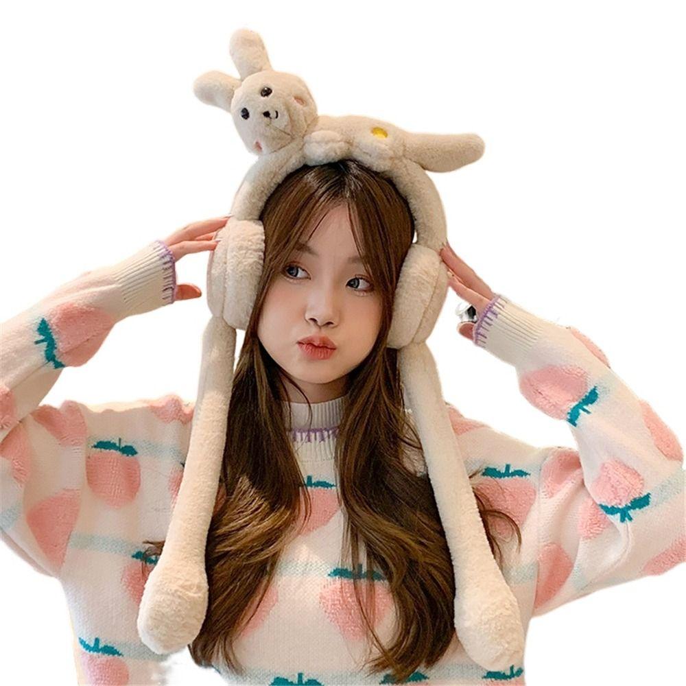 Winter Warm Furry Earmuffs Rabbit/Dinosaur Cosplay Ear Warmers with Moving Jumping Ears Outdoor Cold Weather