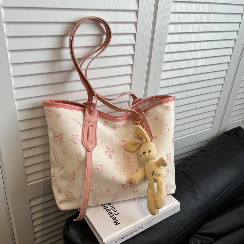 Women's Cute Rabbit Pendant Shoulder Bag PU Tote with Cartoon Print & Zipper for Daily Commute & Shopping Storage Bag