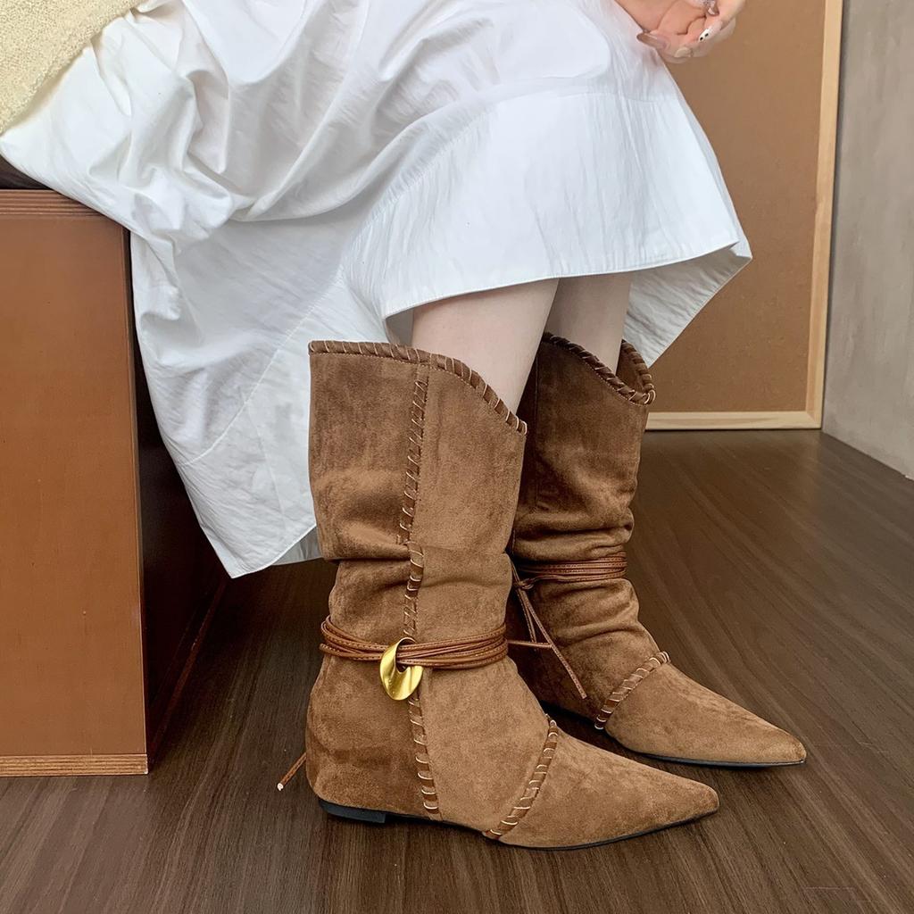 Inner heightened pointed retro babes booties women's 2025 autumn/winter single boots brown maillard western cowboy boots.