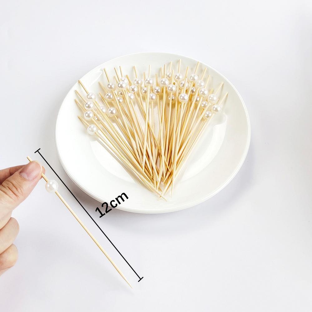 Wedding Pearl Disposable Bamboo Skewers Wooden Cocktail Picks Fruit Picks Snack Fork Skewer Wedding Party Supplies 100Pcs/bag