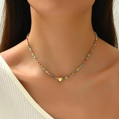 Colorful Beaded Choker Necklace with Gold Heart Charm – Adjustable Boho Rainbow Bead Necklace for Women, Summer Beach Jewelry Gift