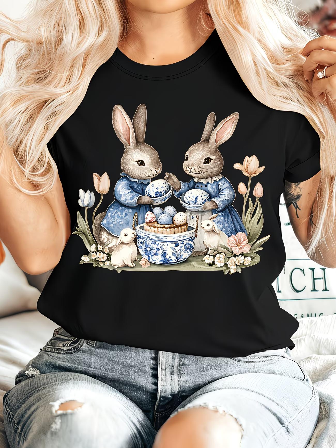 

Ladies Summer Fashion Easter EggDrawing Rabbits Printed Crew Neck Short Sleeve TShirt S