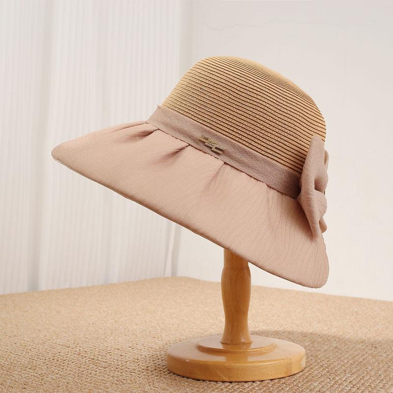 Hepburn style organza bow straw hat women's beach hat French retro big-brimmed bucket hat foldable sun hat