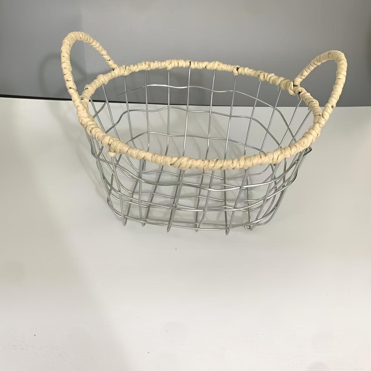 1pcVintage Style Metal Wire Storage Basket with Braided Handle Ideal for Living Room Office or Kitchen Organization Organization 20x15cm