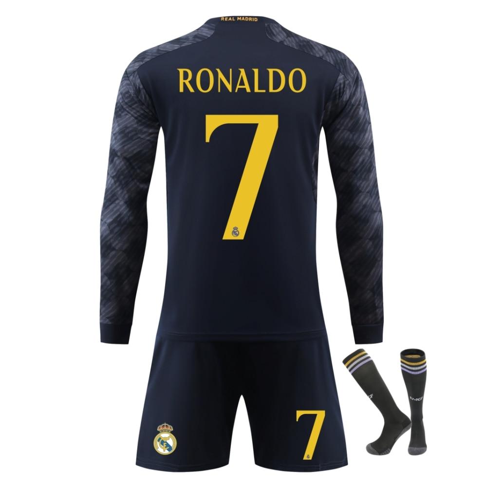 Kids Sports Gear Real Madrid Ronaldo Football Jersey Set Black Short Sleeve Training Uniform