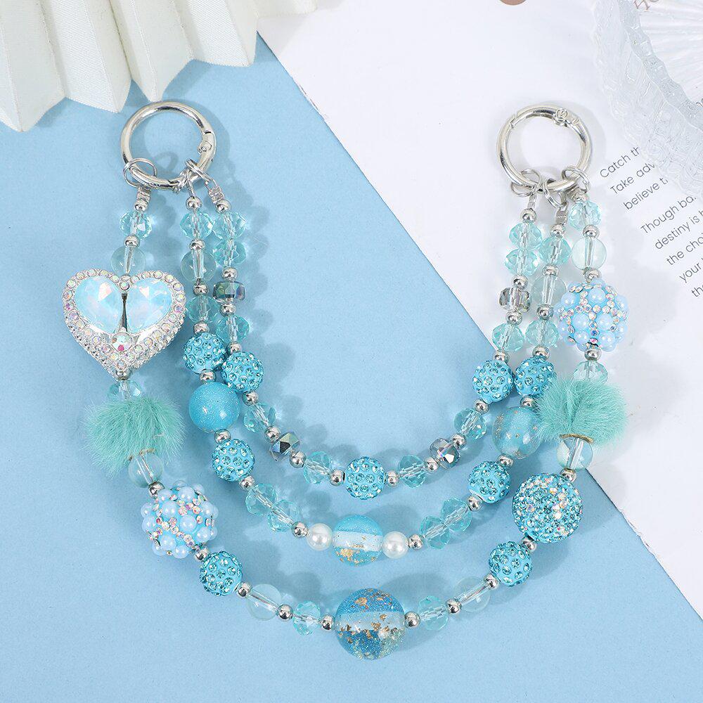 Dreamy Purple Heart Phone Chain: Gradient Beads with Sparkling Diamonds & Plush Embellishments