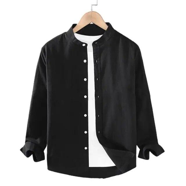 Men Spring Shirt Single-breasted Stand Collar Cardigan Shirt Long Sleeevs Loose Oversized Mid Length Men Fall Top