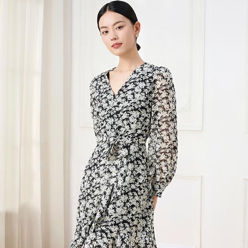 

JESSIE Elegant Printed V-Neck Tie-Waist Chiffon Dress L