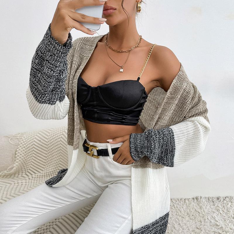 Casual Trend Versatile Autumn Cardigan In The Long Section of Lazy Wind Colorblocking Sweater Jacket Female