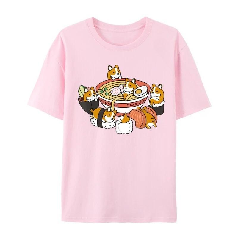 2025 Casual 100% Pure Cotton Short Sleeved Printed Top Ramen Sushi Corgi Dog T-shirt Summer Autumn Couple Outfit