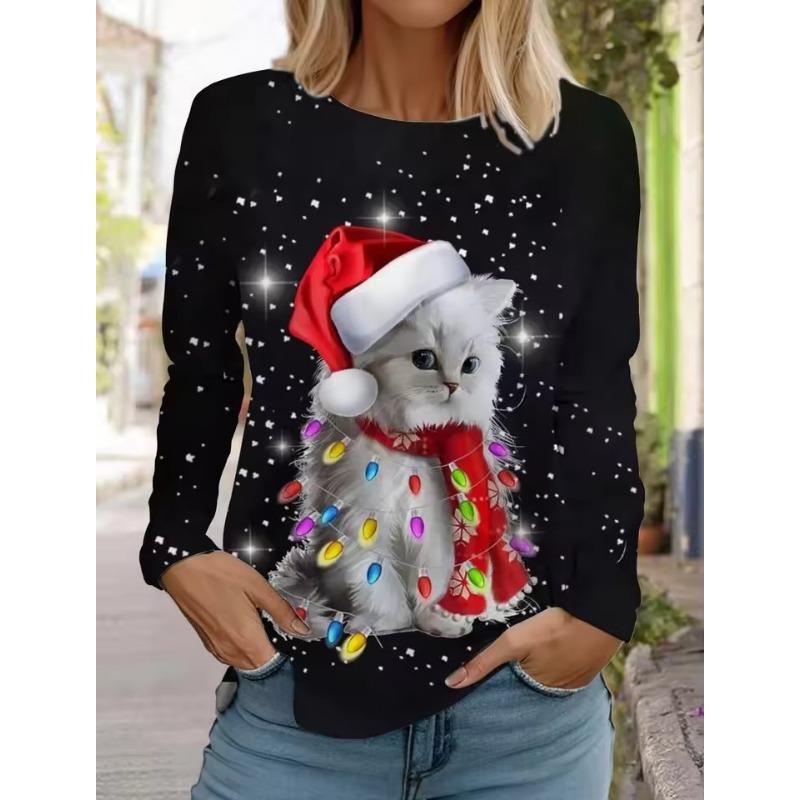 Christmas Women's Long Sleeved T-shirt Casual Holiday Fashion Christmas Cute Cat Holiday Gifts Tops Harajuku Women's Clothing