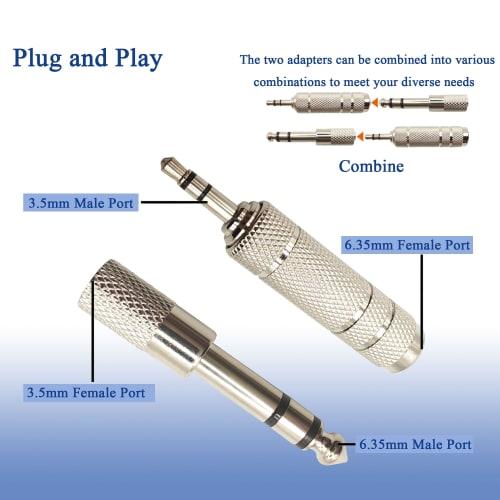 Voluty Tek 1/4" Female To 1/8" Male Audio Adapter Kit with 3.5mm Male To 6.35mm Female Connectors for Guitar Headphones, Set of 4