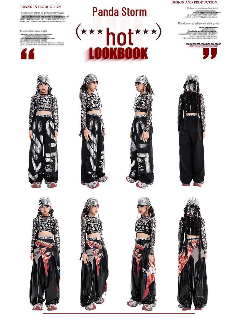 Girls' Jazzy Crop Long-Sleeve Top & Pants Set - Children's Street Dance Costume