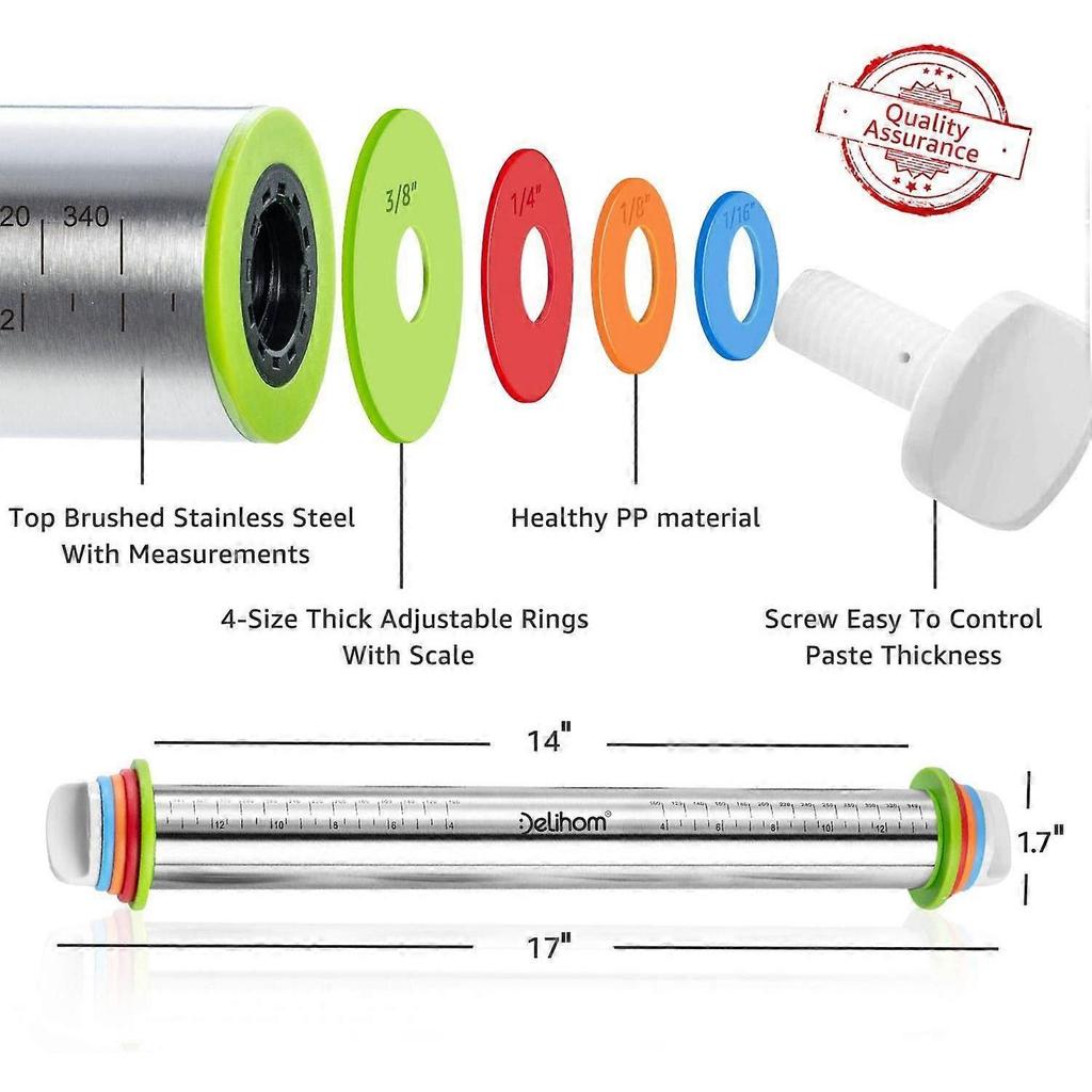 Rolling Pin, Stainless Steel Rolling Pin with 4 Adjustable Discs, Non-Stick Rolling Pin for Pie Dough Pizza Pie Cookies and Pastries