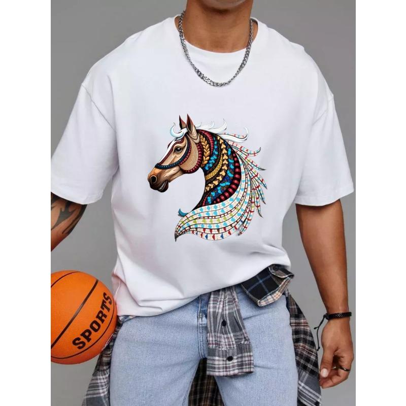 Unisex T-Shirt White Horse Head with Colorful Tribal Pattern Print Casual Wear for Men and Women