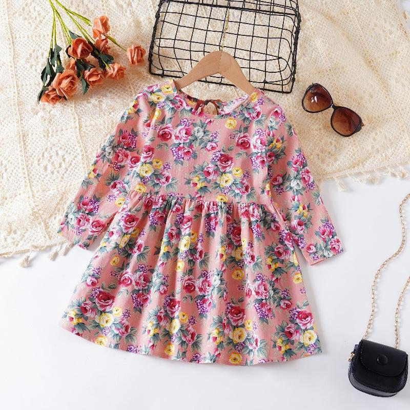 Spring Autumn Girls Long Sleeve Dress Baby Floral Print Princess Dress For Toddler Kids 80cm