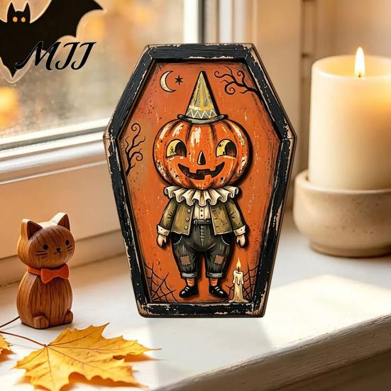 Fall Home Decor for Tables Vintage Halloween Wooden Decor, Cat Mummy Skeleton Figurines, Festive Tabletop Farmhouse Centerpiece Shelf Mantel