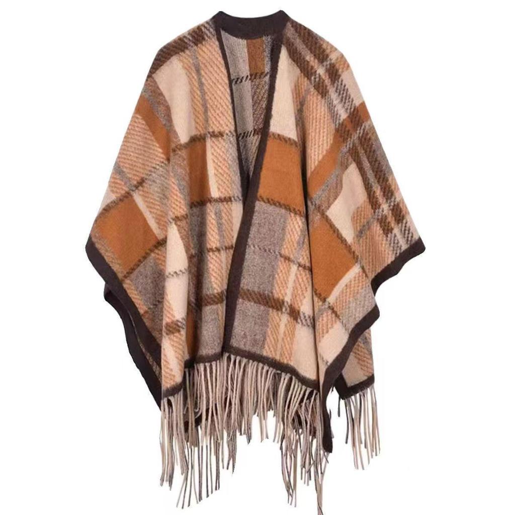 Elegant Ethnic Ink Painting Cape Shawl with Tassels - Versatile Travel Scarf Cloak