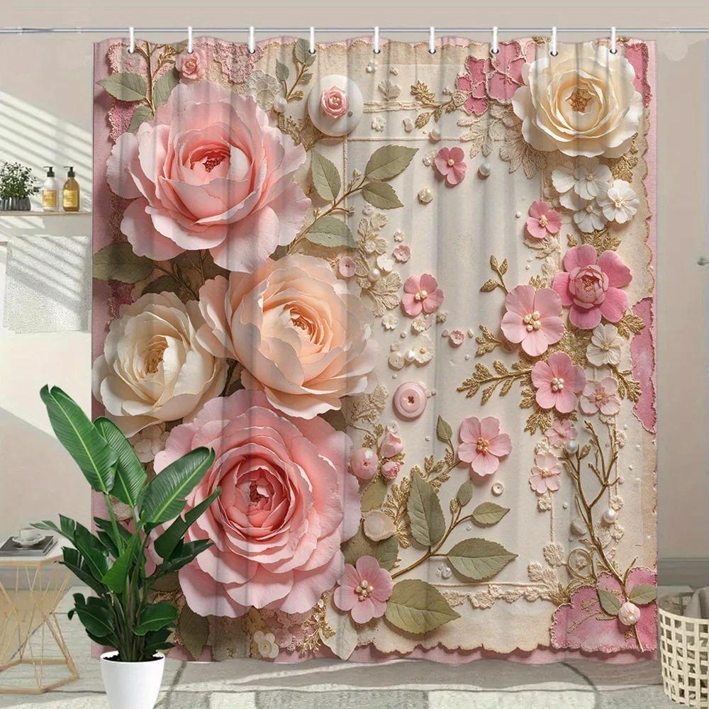 1Pc Vintage Floral Shower Curtain, Polyester Woven Fabric With Pink And Beige Roses Lace Design, Romantic Bathroom Decor, Was