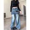 Women's Retro Two-Piece Look Hem Jeans: Loose, Straight-Leg Wide Pants