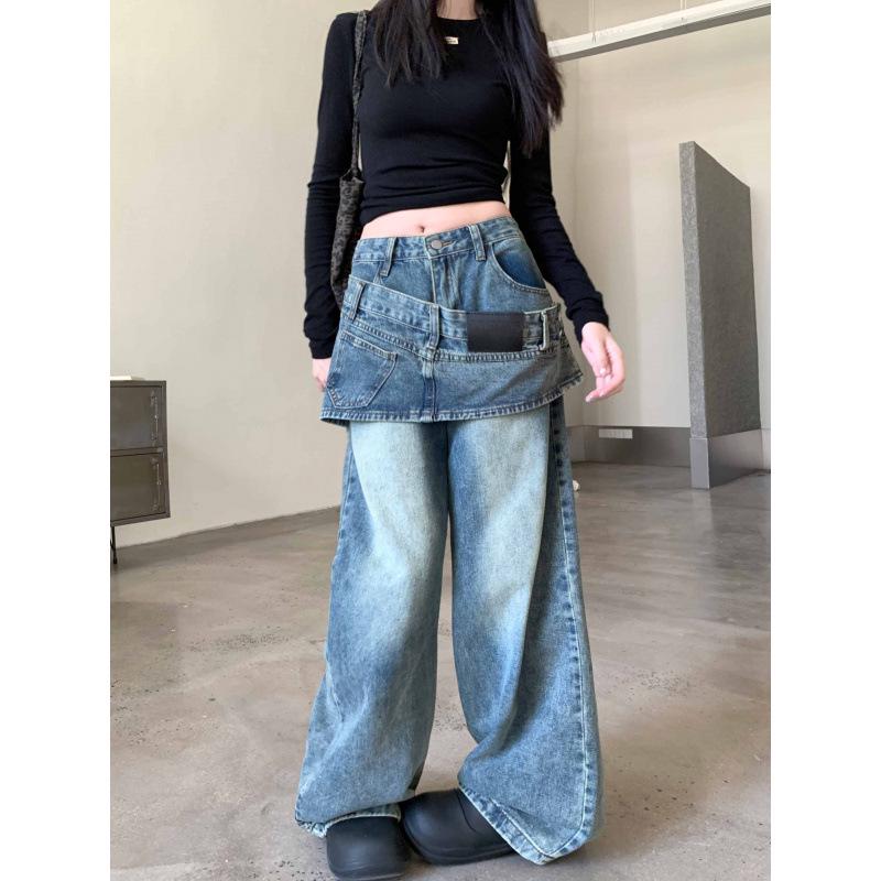 Women's Retro Two-Piece Look Hem Jeans: Loose, Straight-Leg Wide Pants