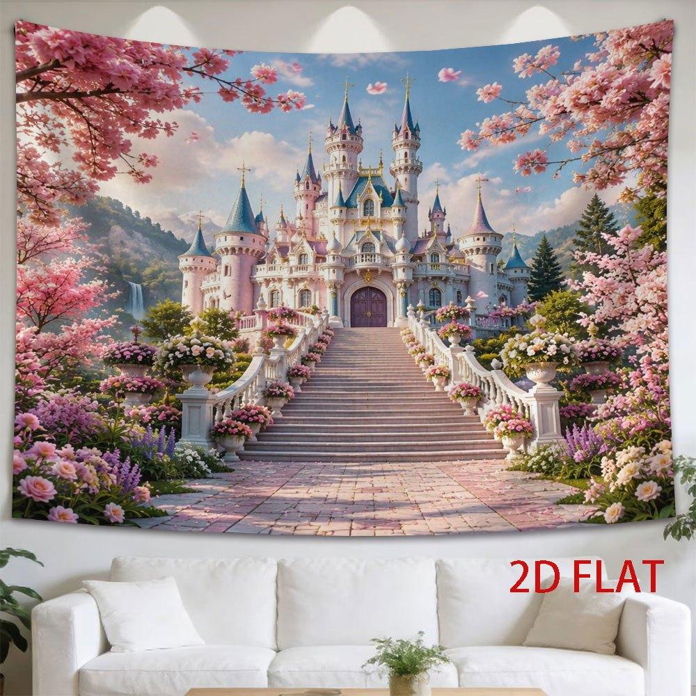 2D Flat - 2D Flat - 1pc 2D Flat Tapestry Dreamy Pink Castle Surrounded by Blooming Cherry Blossoms, Creating a Magical Fairy Tale Scene Perfect for En