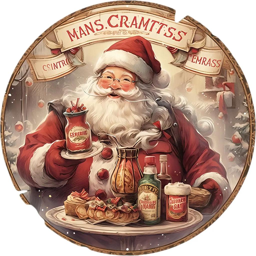 Round Metal Tin Sign Art Painting Wreath Decorative Plates Cartoon Snowman Christmas Poster for Home Garden Garage Wall Decor