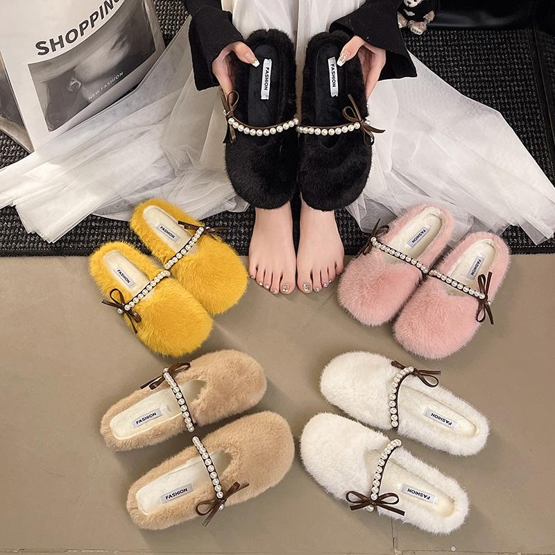 2025 French Large Size Flat Bottom Versatile Bag Head Half Slippers Femininity Slippers Fashion with Skirt Gentle Fluffy Shoes