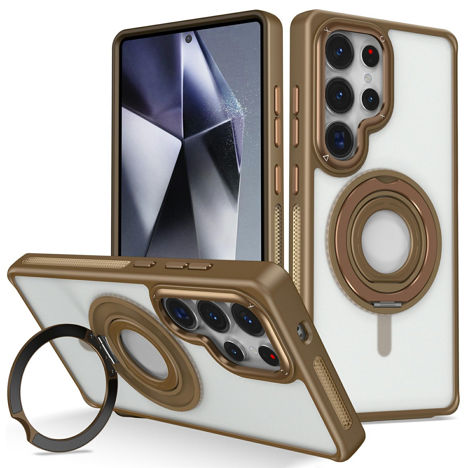 

For Samsung Galaxy S25 Ultra Case TPU+PC Matte Backplate Phone Cover with Silicone Ring Kickstand Khaki