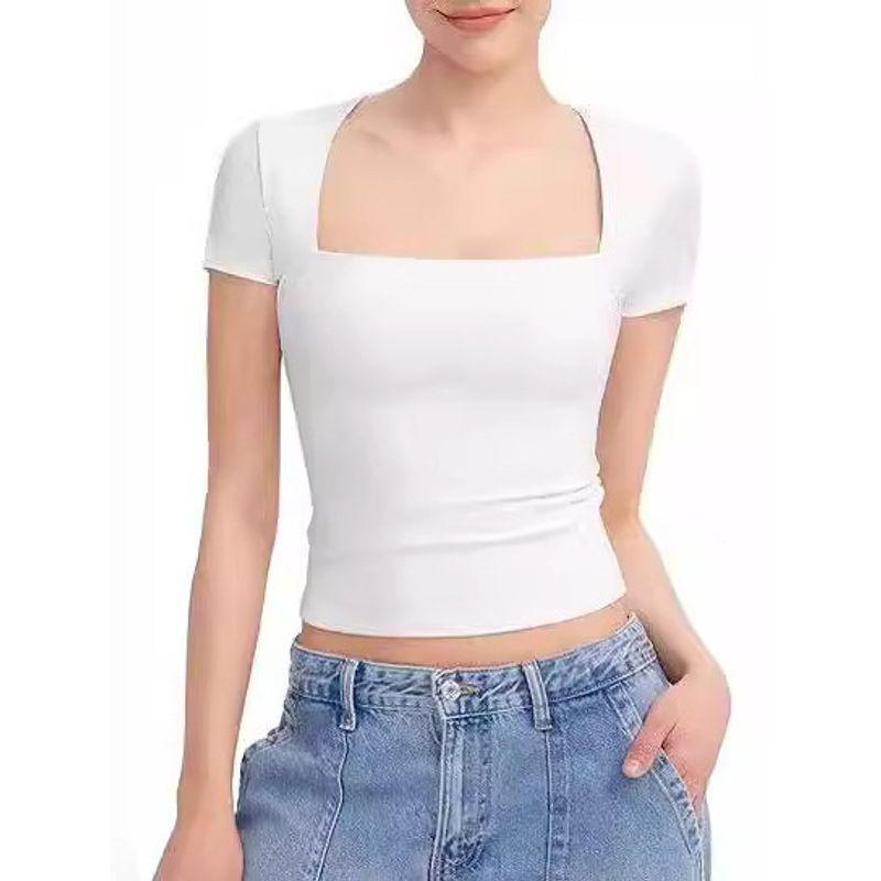 Solid Color Square Neck Short Sleeved Top Pure Color Square Collar Short Sleeve Tops Female